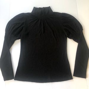 Black puff sleeve top, mock neck, soft dark black material